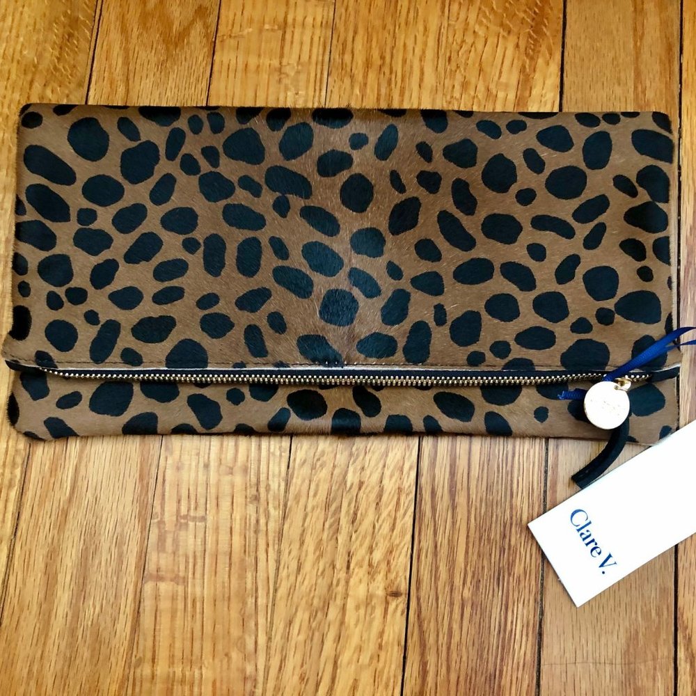 Clare V Leopard Hair-On Foldover Clutch NWT